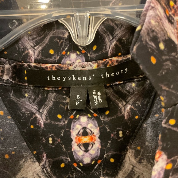 Theyshen’s Theory Beasy Printed Long Sleeve Silk Tunic Blouse, Split Neck, Sz S - Picture 4 of 12